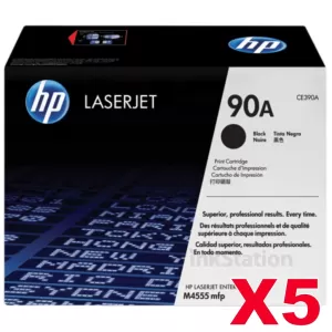 5 x HP CE390A (90A) Genuine Black Toner Cartridge - 10,000 Pages