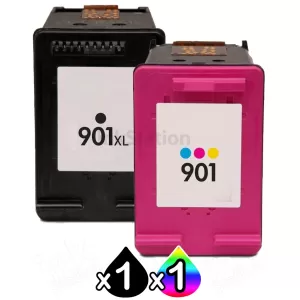 2 Pack HP 901XL + 901 Compatible Inkjet Cartridges CC654AA + CC656AA [1BK,1CL]