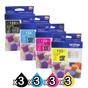 12 Pack Genuine Brother LC-133 Ink Cartridges [3BK+3C+3M+3Y]