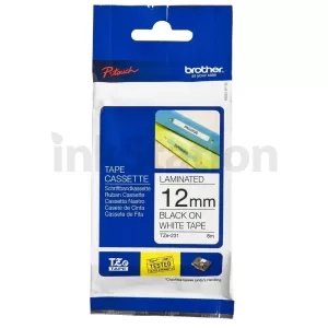 Genuine Brother TZe-231 12mm Black Text on White Laminated Tape - 8 meters