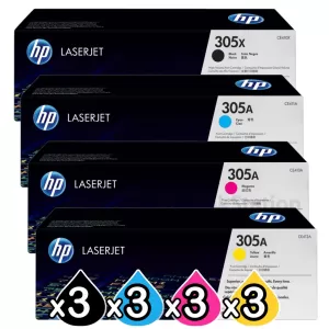 3 sets of 4 Pack HP CE410X-CE413A (305X/305A) Genuine Toner Cartridges [3BK,3C,3M,3Y]
