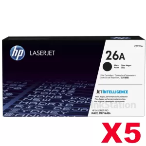 5 x HP CF226A (26A) Genuine Black Toner Cartridge - 3,100 Pages