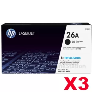 3 x HP CF226A (26A) Genuine Black Toner Cartridge - 3,100 Pages