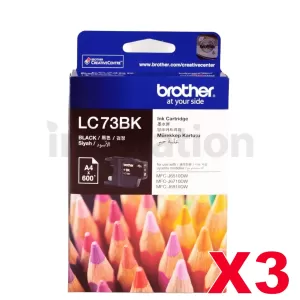 3 x Genuine Brother LC-73BK Black Ink Cartridge - 600 pages each