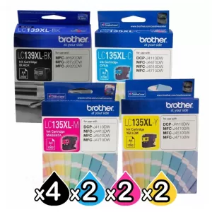 10 Pack Genuine Brother LC-139XL/LC-135XL High Yield Ink Combo [4BK+2C+2M+2Y]