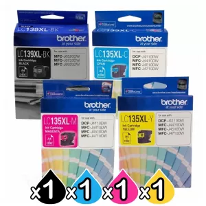 4 Pack Genuine Brother LC-139XL/LC-135XL High Yield Ink Combo [1BK+1C+1M+1Y]