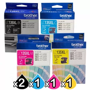 5 Pack Genuine Brother LC-139XL/LC-135XL High Yield Ink Combo [2BK+1C+1M+1Y]