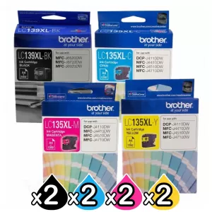 8 Pack Genuine Brother LC-139XL/LC-135XL High Yield Ink Combo [2BK+2C+2M+2Y]