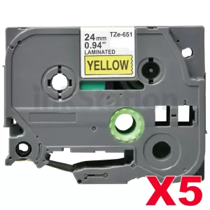 5 x Compatible Brother TZe-651 24mm Black Text on Yellow Laminated Tape - 8 meters