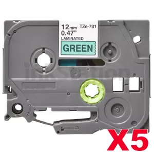5 x Compatible Brother TZe-731 12mm Black Text on Green Laminated Tape - 8 meters