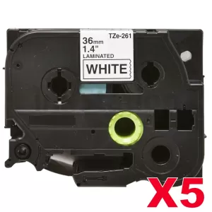 5 x Compatible Brother TZe-261 36mm Black Text on White Laminated Tape - 8 meters