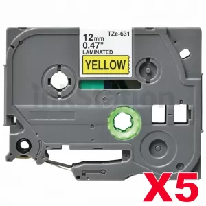 5 x Compatible Brother TZe-631 12mm Black Text on Yellow Laminated Tape - 8 meters