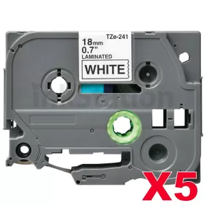 5 x Compatible Brother TZe-241 18mm Black Text on White Laminated Tape - 8 meters