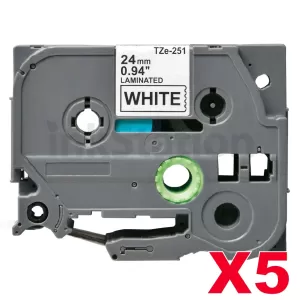 5 x Compatible Brother TZe-251 24mm Black Text on White Laminated Tape - 8 meters