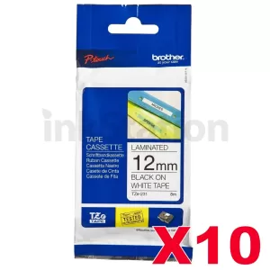 10 x Genuine Brother TZe-231 12mm Black Text on White Laminated Tape - 8 meters