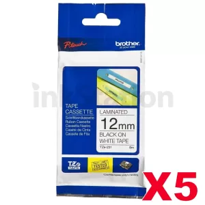 5 x Genuine Brother TZe-231 12mm Black Text on White Laminated Tape - 8 meters