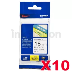 10 x Genuine Brother TZe-241 18mm Black Text on White Laminated Tape - 8 meters