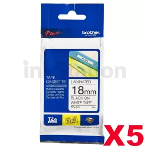 5 x Genuine Brother TZe-241 18mm Black Text on White Laminated Tape - 8 meters