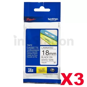 3 x Genuine Brother TZe-241 18mm Black Text on White Laminated Tape - 8 meters