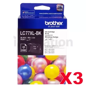 3 x Genuine Brother LC-77XLBK High Yield Black Ink Cartridge - 2,400 pages each