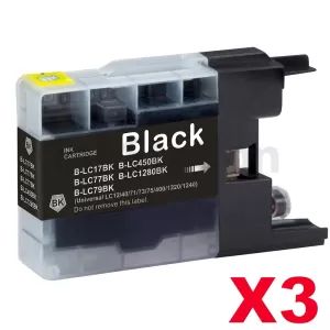 3 x Compatible Brother LC73/LC77XLBK Black High Yield Ink Cartridge - 1,200 pages