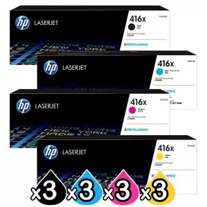 3 Sets of 4 Pack HP 416X W2040X-W2043X Genuine High Yield Toner Cartridges [3BK,3C,3M,3Y]