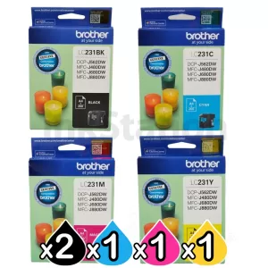 5-Pack Genuine Brother LC-231 Ink Combo [2BK,1C,1M,1Y]