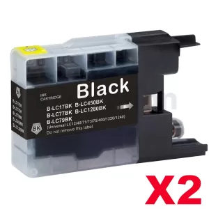 2 x Compatible Brother LC73/LC77XLBK Black High Yield Ink Cartridge - 1,200 pages