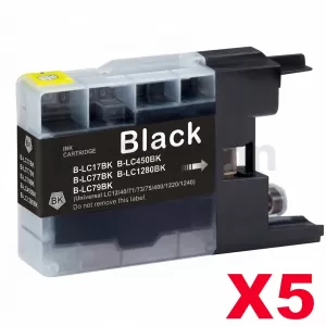 5 x Compatible Brother LC73/LC77XLBK Black High Yield Ink Cartridge - 1,200 pages
