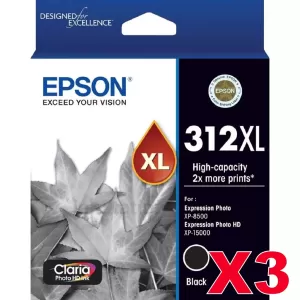 3 x Epson 312XL (C13T183192) Genuine Black High Yield Inkjet Cartridge