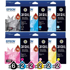 16 Pack Epson 312XL Genuine High Yield Inkjet Cartridge Combo [6BK,2C,2M,2Y,2LC,2LM]