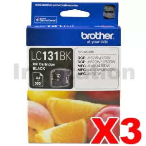 3 x Genuine Brother LC-131BK Black Ink Cartridge - 300 Pages [3BK]