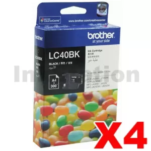4 x Genuine Brother LC-40BK Black Ink Cartridge - 300 pages each
