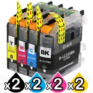 8 Pack Compatible Brother LC-233 Ink Cartridges [2BK,2C,2M,2Y]