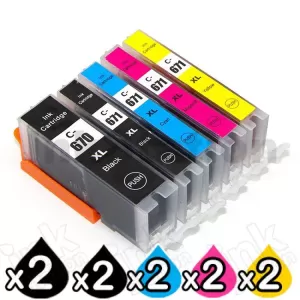 10 Pack Compatible Canon PGI-670XL, CLI-671XL High Yield Inkjet Combo [2BK,2PBK,2C,2M,2Y]