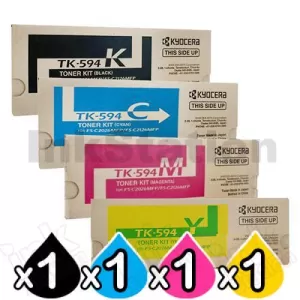 4 Pack Genuine Kyocera TK-594 Toner Cartridges FS-C2026MFP, FS-C2126MFP, FS-C2526MFP, FS-C2626MFP, FS-C5250DN, M-6026CDN, M-6526CDN, P-6026CDN [1BK,1C,1M,1Y]