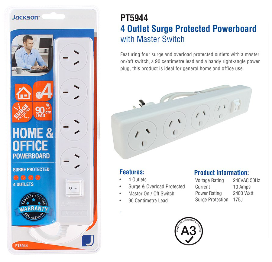 Jackson 4 Outlet Surge Protected Powerboard PT5944 With 90cm Lead ...