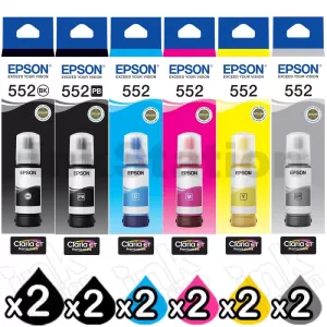 12-Pack Genuine Epson T552 Claria EcoTank Ink Bottle Combo [2BK,2PBK,2C,2M,2Y,2GY]