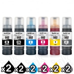 12-Pack Compatible for Epson T552 EcoTank Ink Bottle Combo [2BK,2PBK,2C,2M,2Y,2GY]