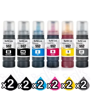 12-Pack Compatible for Epson T552 EcoTank Ink Bottle Combo [2BK,2PBK,2C,2M,2Y,2GY]