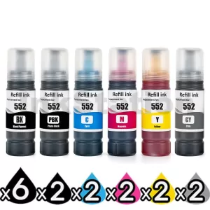 16-Pack Compatible for Epson T552 EcoTank Ink Bottle Combo [6BK,2PBK,2C,2M,2Y,2GY]