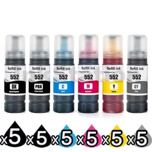 30-Pack Compatible for Epson T552 EcoTank Ink Bottle Combo [5BK,5PBK,5C,5M,5Y,5GY]