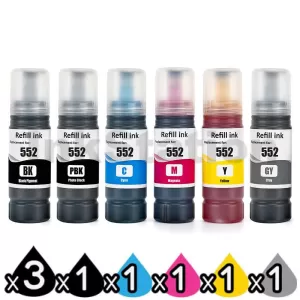 8-Pack Compatible for Epson T552 EcoTank Ink Bottle Combo [3BK,1PBK,1C,1M,1Y,1GY]