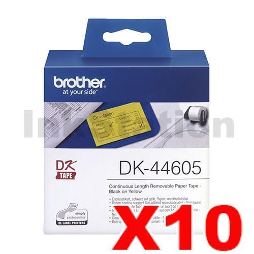 Brother 10 x DK-44605 Genuine Removable Black Text on Yellow Continuous ...