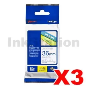 3 x Genuine Brother TZe-263 36mm Blue Text on White Laminated Tape - 8 meters