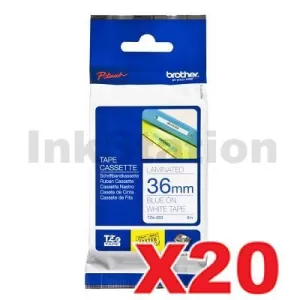 20 x Genuine Brother TZe-263 36mm Blue Text on White Laminated Tape - 8 meters