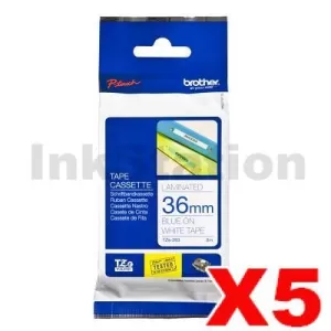5 x Genuine Brother TZe-263 36mm Blue Text on White Laminated Tape - 8 meters