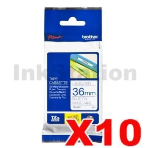 10 x Genuine Brother TZe-263 36mm Blue Text on White Laminated Tape - 8 meters