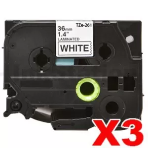 3 x Compatible Brother TZe-261 36mm Black Text on White Laminated Tape - 8 meters