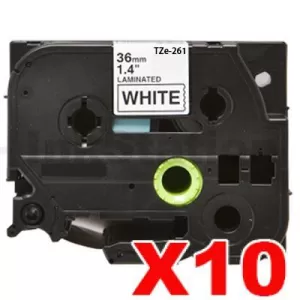 10 x Compatible Brother TZe-261 36mm Black Text on White Laminated Tape - 8 meters
